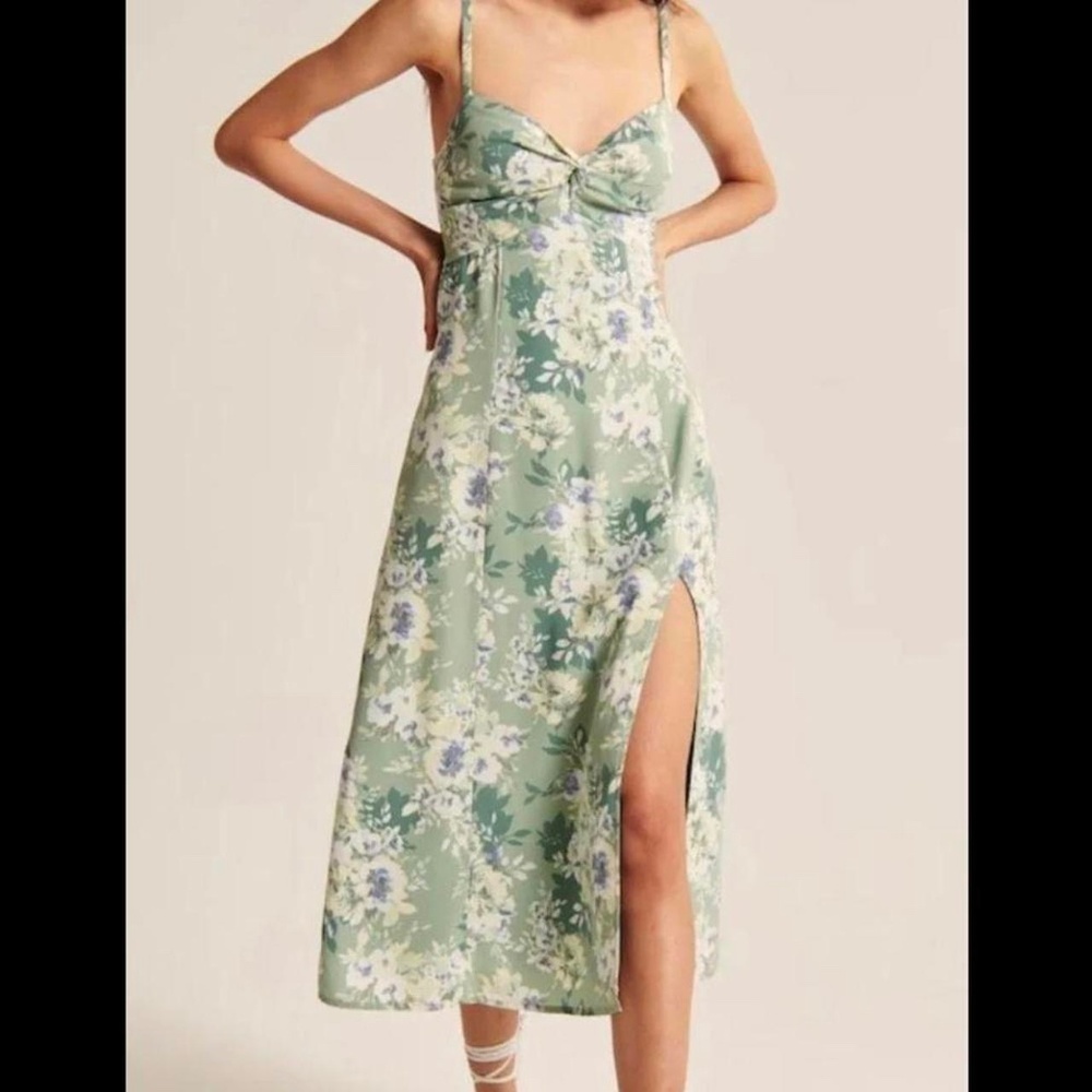 Abercrombie & Fitch Light Sage Floral Slip Midi Dress with Side Slit